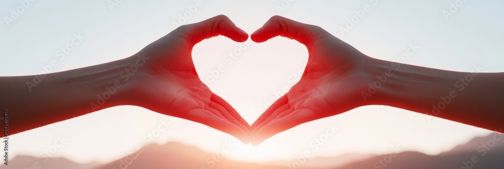 Poster harmony in sunset human hands creating heart shape - inspirational visual for social campaigns and e