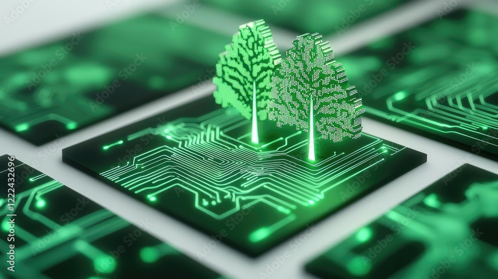 Poster Green technology concept. A digital representation of trees integrated within a circuit board design.