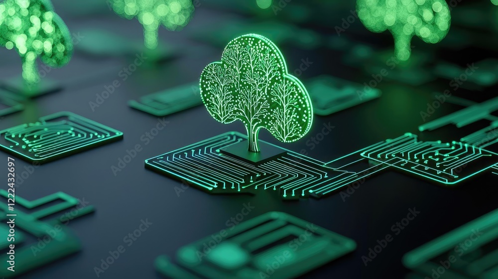 Poster green technology concept. a fusion of nature and technology, depicting a glowing tree on a circuit b