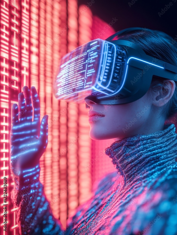 Poster Futuristic XR Collaboration Holographic To-Do List with VR Glove in Neon Workspace - Interactive Tech for Virtual Teamwork and Digital Innovation