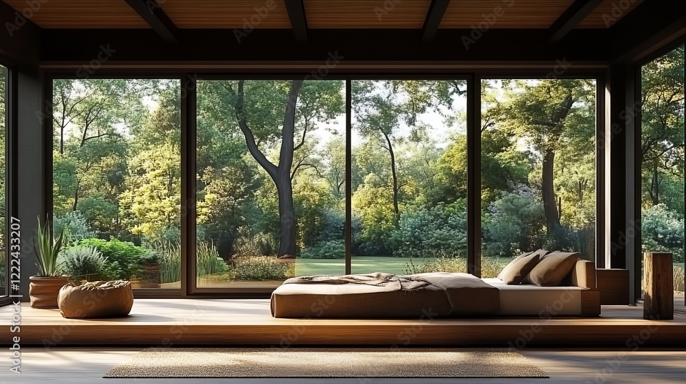 Poster expansive view from a large window framing a lush forest with sunlight streaming through leaves crea
