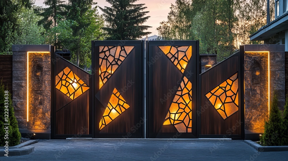 Poster intricately designed decorative gate framed by lush greenery in a peaceful garden setting with sunli