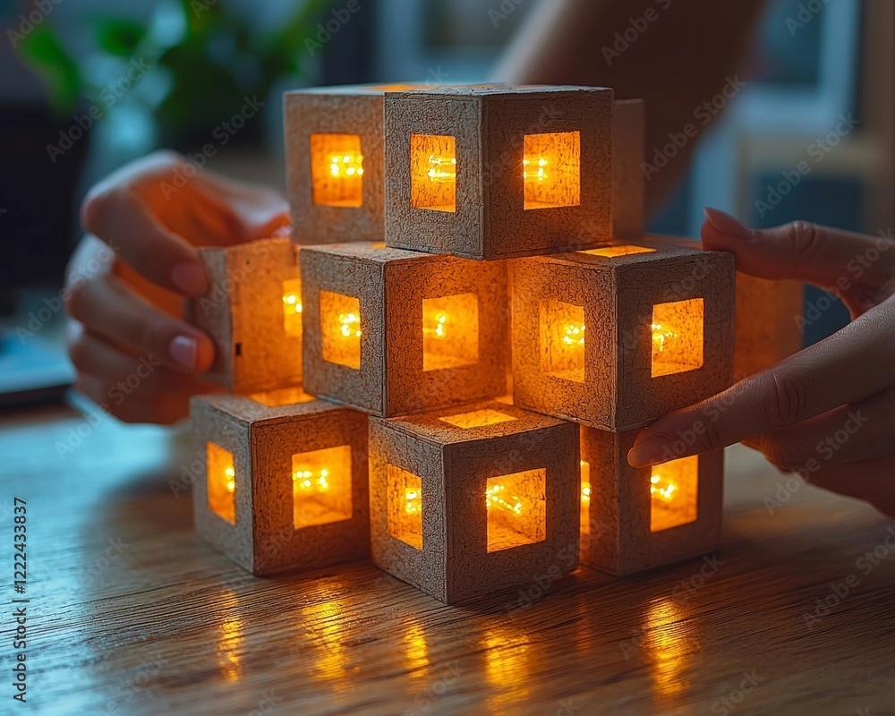 Poster hands constructing a glowing architectural structure symbolizing innovative business acquisition