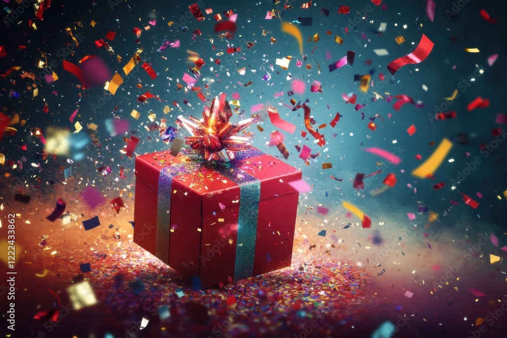 Poster a red box with a bow on top is surrounded by colorful confetti