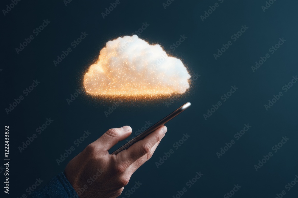 Aufkleber futuristic mobile payment hand holding smartphone with cloud of data sparks - fintech advertising an