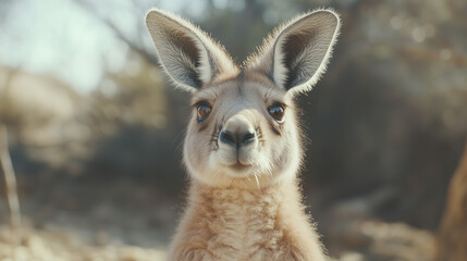 Obraz premium Red Kangaroo Close-Up: A captivating close-up portrait of a red kangaroo, its large, expressive eyes gazing directly at the camera.