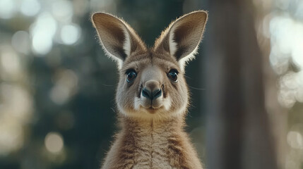 Fototapeta premium Red Kangaroo Portrait: A captivating close-up portrait of a red kangaroo, its intense gaze and large ears filling the frame against a softly blurred natural backdrop.