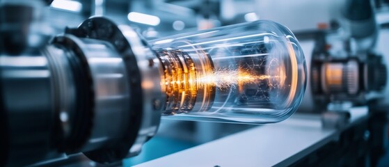 Fototapeta premium A close-up of glowing energy contained within a transparent tube, surrounded by industrial machinery, suggesting a world powered by cutting-edge technology.