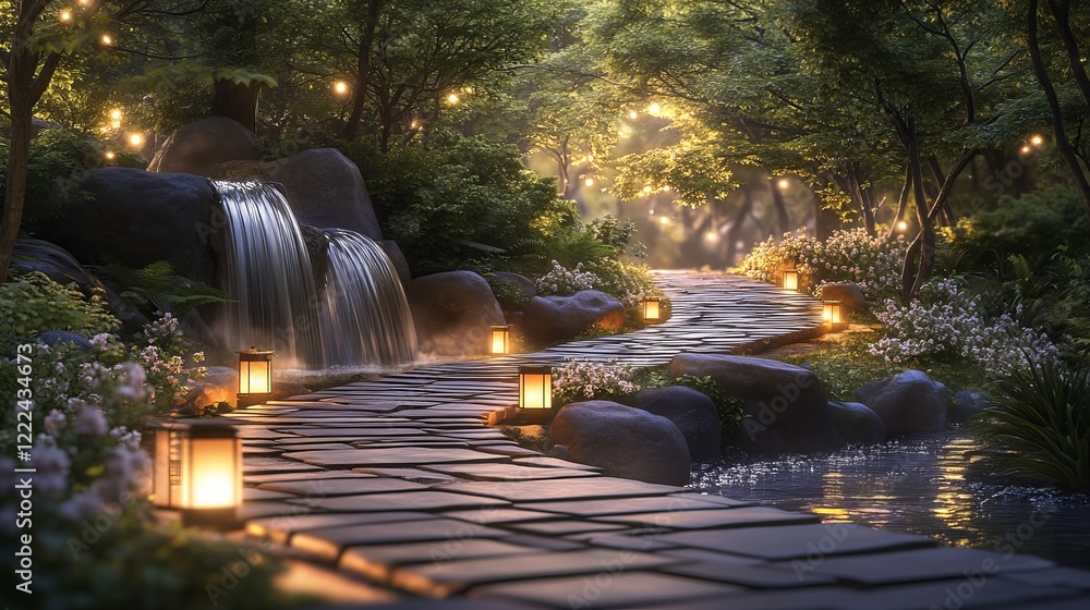 Poster tranquil waterfall cascading through lush forest surrounded by vibrant greenery and illuminated path