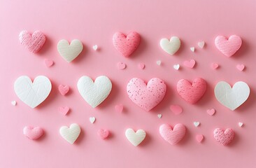 Fototapeta premium Sweet Valentine's Day Hearts: A vibrant display of pink and white heart-shaped candies on a blush pink background, perfect for Valentine's Day or any romantic occasion. A symbol of love, affection.