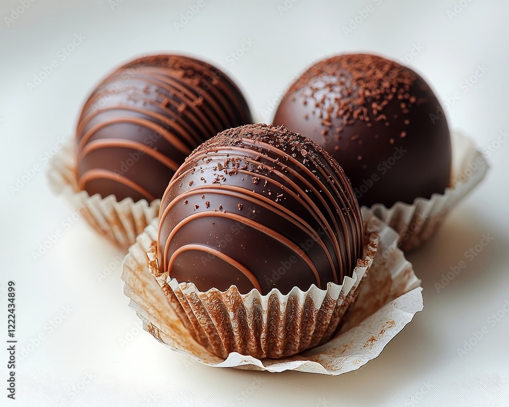 Poster opulent chocolate truffle with intricate surface detailing in delicate wrapper on pristine white bac