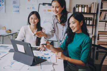 Group of young asian creative business brain storm meeting presentation,discussing roadmap to product launch, planning,strategy,new business development,working with new startup project in office.
