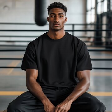 Men's black t-shirt mockup. Handsome Afro American man sitting in gym near boxing ring. Boxer or coach resting. Casual short sleeve shirt, blank template. Sports crewneck oversized tee mock up