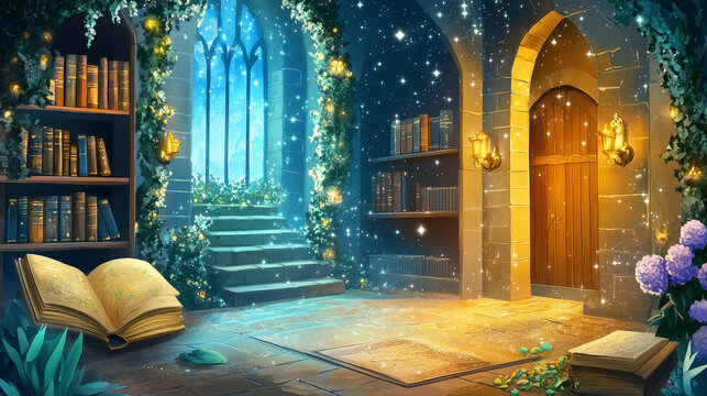 Open book of fairy adventure story to read kid vector magic illustration. Dream of fantasy medieval wizard house legend at night with sparkle elements. Kindergarten reading fairytale about kingdom