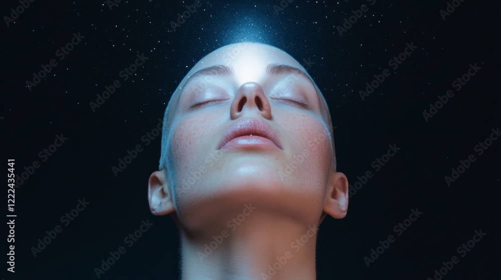 Poster Futuristic Introspective Portrait Ethereal Female in Cosmic Glow, Digital Surrealism for Sci-Fi Art Collections and Inspirational Content Creation
