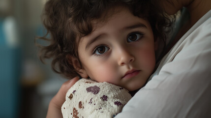 girl holding doll looks little sad and insecure with curly brown hair on home background. It seems like moment of concern and needing extra care