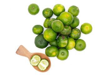 Lime or Limau (Citrus amblycarpa) isolated on white background. Used for spice in cooking, Lime or...
