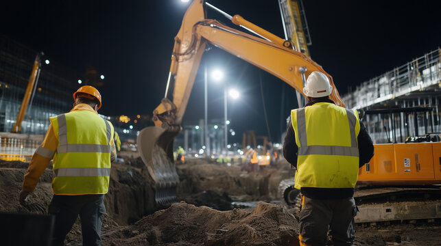 Night Construction Workers: Two construction workers in bright yellow safety vests stand observing an excavator at work during nighttime construction. The scene is illuminated by floodlights.