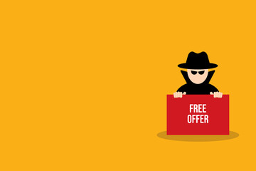 Hacker holding free offer message banner. Hacking concept.	