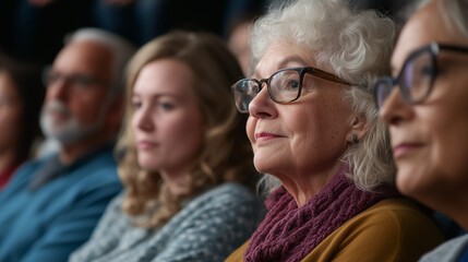 group of people listen intently, looking forward, one senior woman in foreground wearing glasses and purple scarf