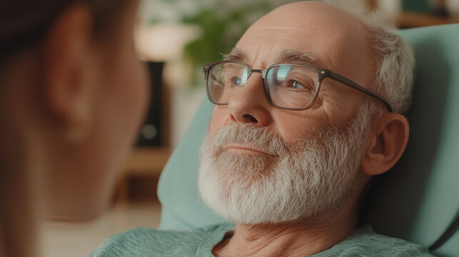 thoughtful elderly man wearing glasses listens attentively to person off screen, showing calm and engaged expression