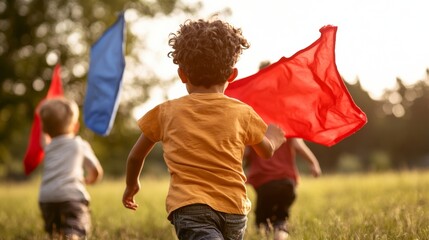 Sun-Kissed Adventure Diverse Kids Capture the Flag in Nature - Energetic Youth Activities and Outdoor Engagement for Health and Development Campaigns