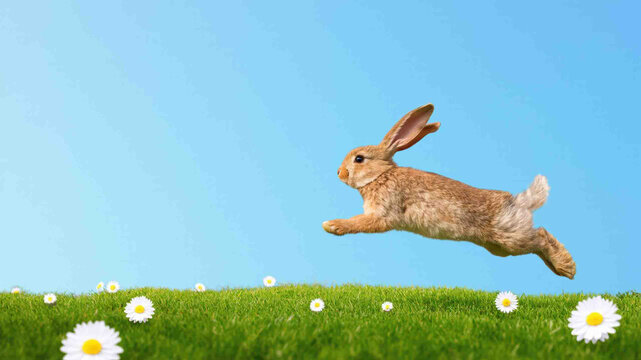 Elegant easter bunny hopping in a field with copy space