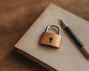 Naklejka premium Golden Light Serenity Rustic Diary with Open Padlock and Pen - True Confessions Day and Spring Equinox Symbolism for Mental Wellness and Professional Journaling