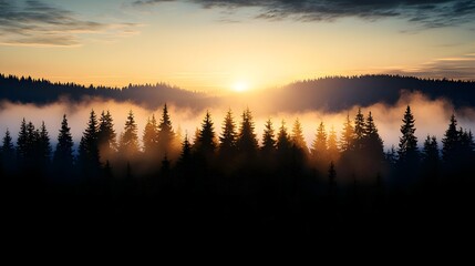 Obraz premium Misty Sunrise Over Evergreen Forest with Golden Horizon Glow