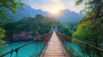 A beautiful suspension bridge spans over tranquil, turquoise-colored waters