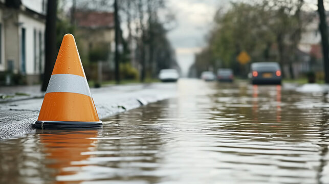 Flooded Street with Warning Cone: An orange traffic cone sits partially submerged in floodwater on a residential street, highlighting the dangers of severe weather and potential road closures.