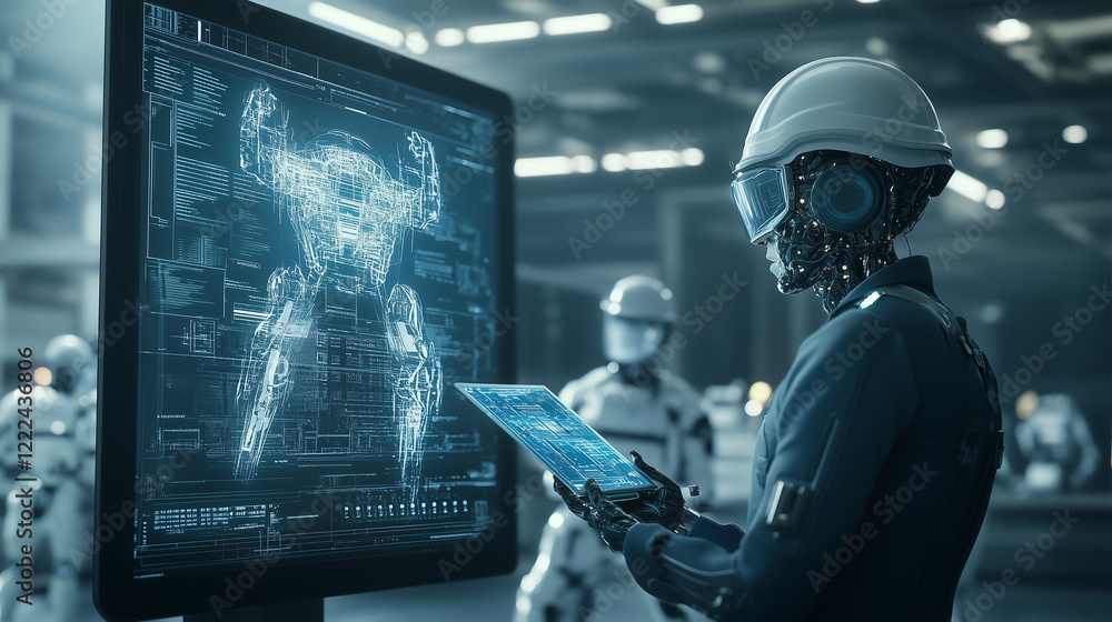 Aufkleber the future of manufacturing: a futuristic scene depicts a humanoid robot working in a high-tech fact