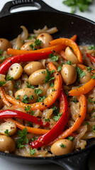 Sauteed onions and peppers with parsley in a black skillet.