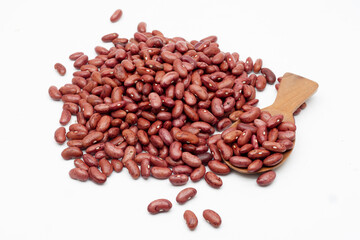 Red beans or kidney beans or Kacang Merah  are mixed into rendang or for red bean soup. Isolated white background. Selective focus. top view