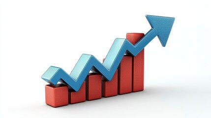 A vibrant 3D representation of a rising graph with blue and red bars illustrates positive trends, success, and growth in business or finance sectors, capturing attention effortlessly.