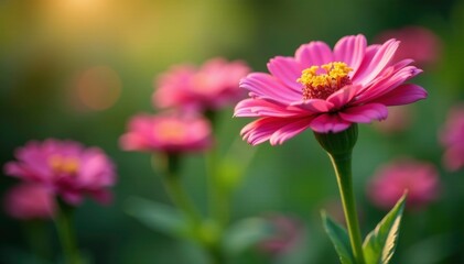 Obraz premium Pink zinnia stems swaying gently in the breeze, leaves, bloom, pink