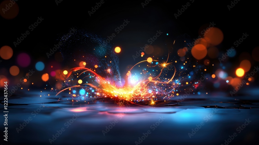 Poster dynamic light splashes creating colorful effects abstract setting digital art dark background close-