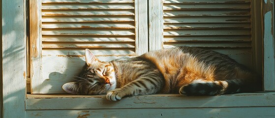 A cat basks in the afternoon sun, peacefully napping on weathered shutters, embodying pure relaxation and warmth.