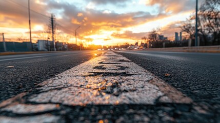 Obraz premium Sunset over a cracked road urban landscape photography evening sky low angle tranquil atmosphere