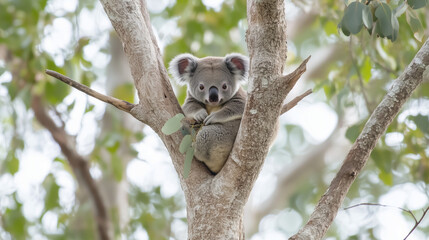 Koala in Eucalyptus Tree: An adorable koala bear sits perched amongst the leaves of a eucalyptus tree, its fluffy fur and endearing gaze capturing its inherent charm.  