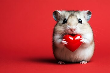 Hamster - my cherished animal. Cute hamster baby with diamond red heart - emblem of love, funny greeting card. Ad creative. Commercial visual idea. Adorable animal pairs valentine's.