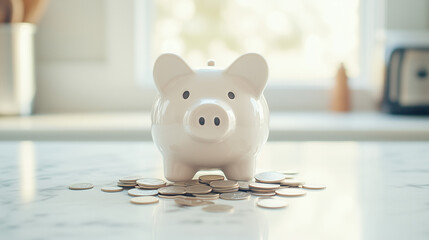 Piggy Bank Savings: A white piggy bank sits on a countertop, surrounded by a scattering of silver coins, representing a tangible symbol of financial security and the importance of saving money.