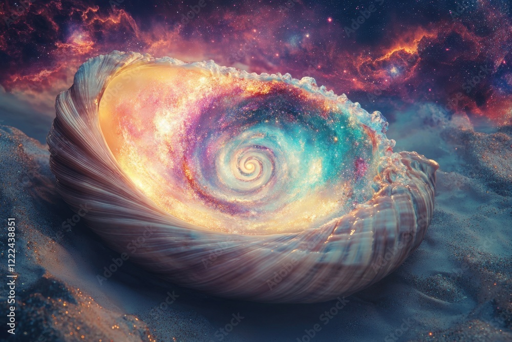 Aufkleber a colorful shell with a spiral design is floating in space