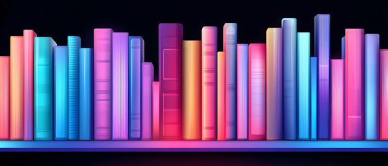 Obraz premium Colorful books on shelf, dark background, education