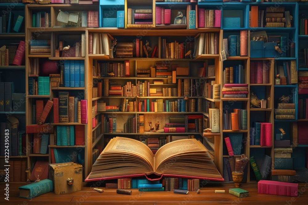 Aufkleber a bookcase with a book open to a page with the word 