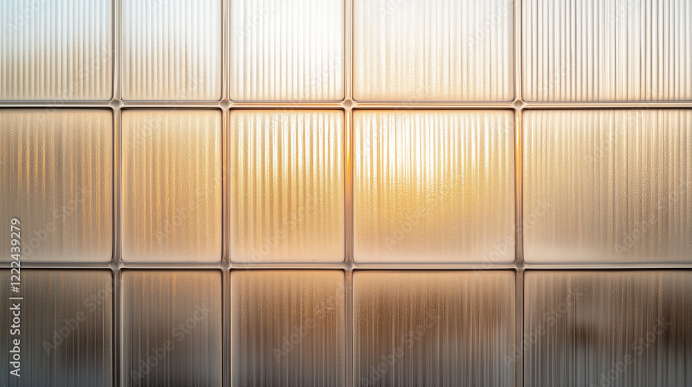 Poster sunlit glass panels: a close-up view of a textured glass wall with a grid of panels, bathed in the w