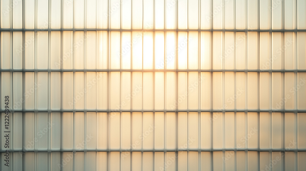 Poster sunset through grid: warm sunset light shines through a gridded translucent surface, creating a capt