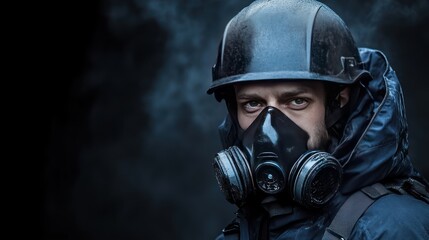 Fototapeta premium a protective helmet and respirator, their face partially visible behind the safety equipment, is shown against a stark dark background.