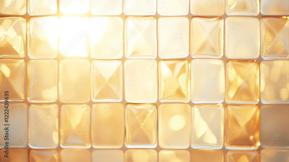 Poster golden hour through glass: the sun's warm glow filters through a grid of textured glass, casting a m