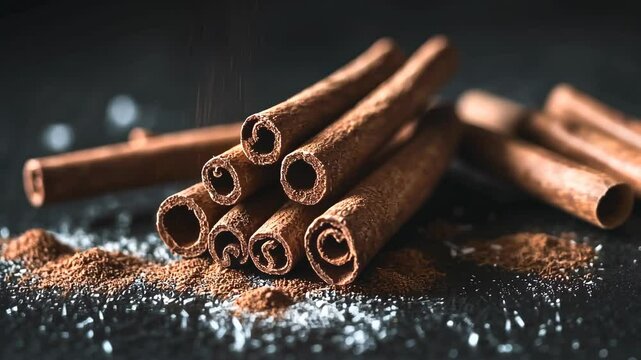 Stacked cinnamon sticks with powder on a dark background highlighting the spice's rich texture and aroma
